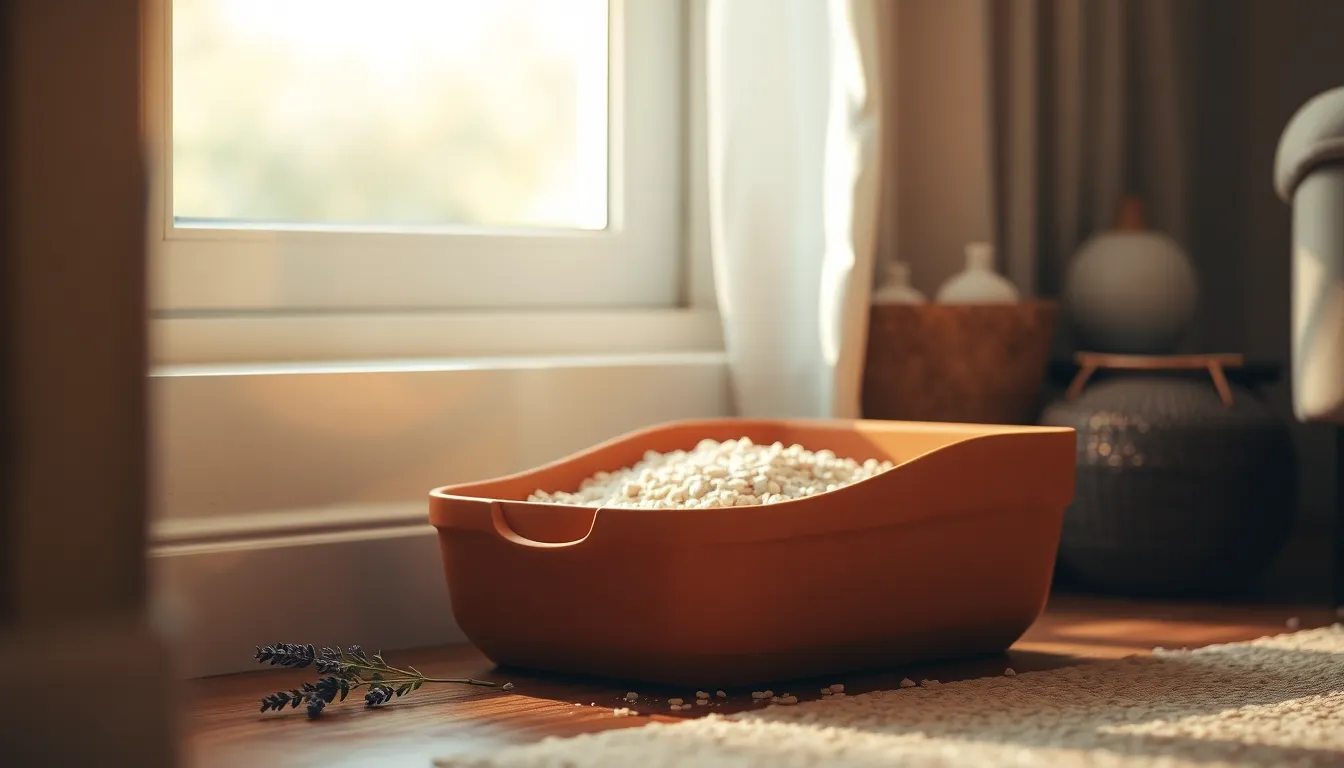 고양이 화장실에 베이킹소다를 뿌리는 모습