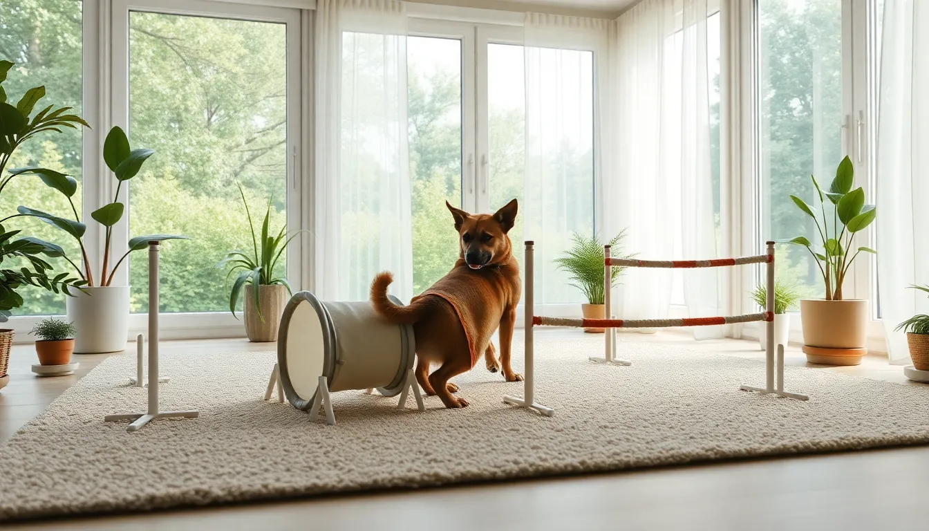 실내에서 신나게 놀고 있는 강아지의 모습