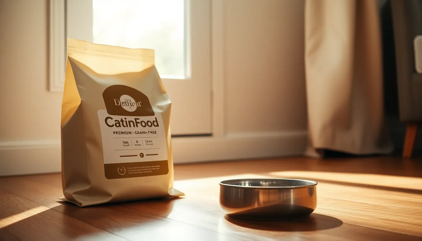 다양한 종류의 고양이 사료와 영양 성분표를 검토하는 모습