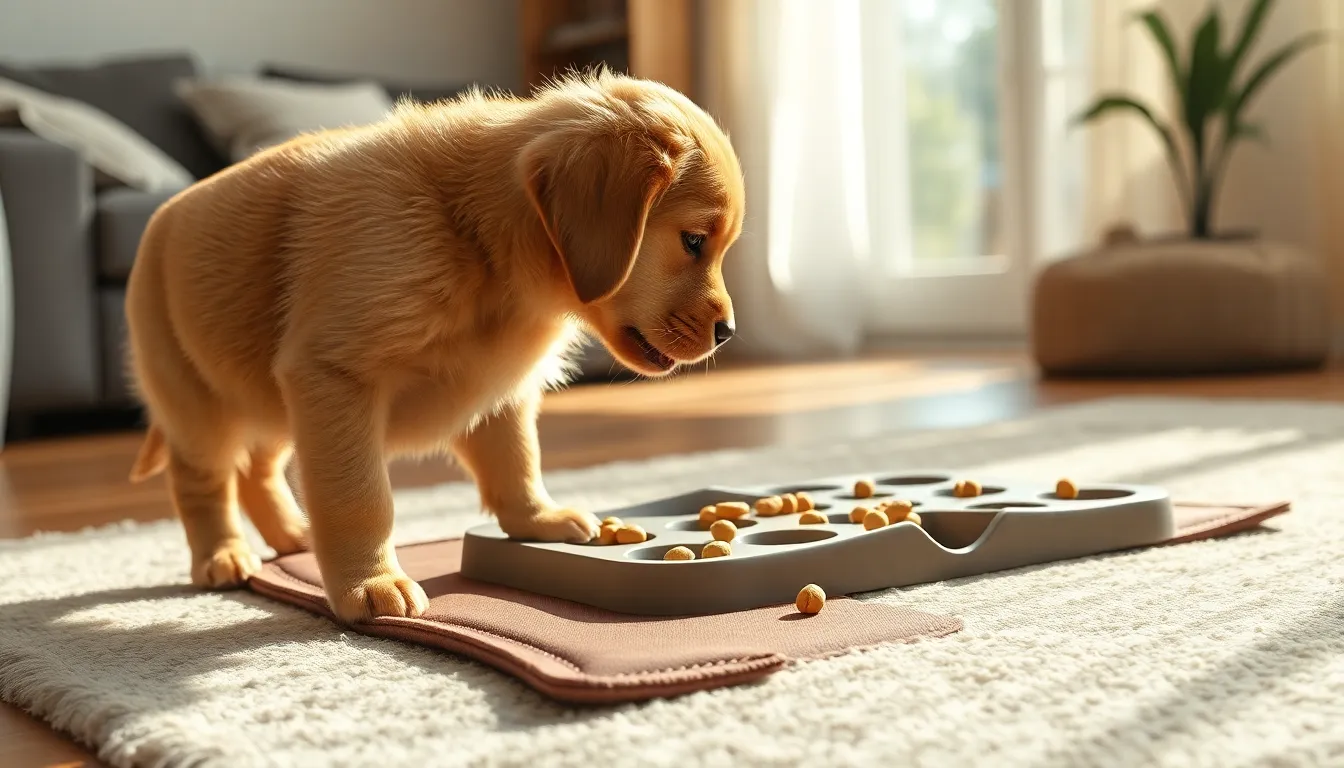 강아지가 노즈워크 매트에서 간식을 찾고 있는 모습