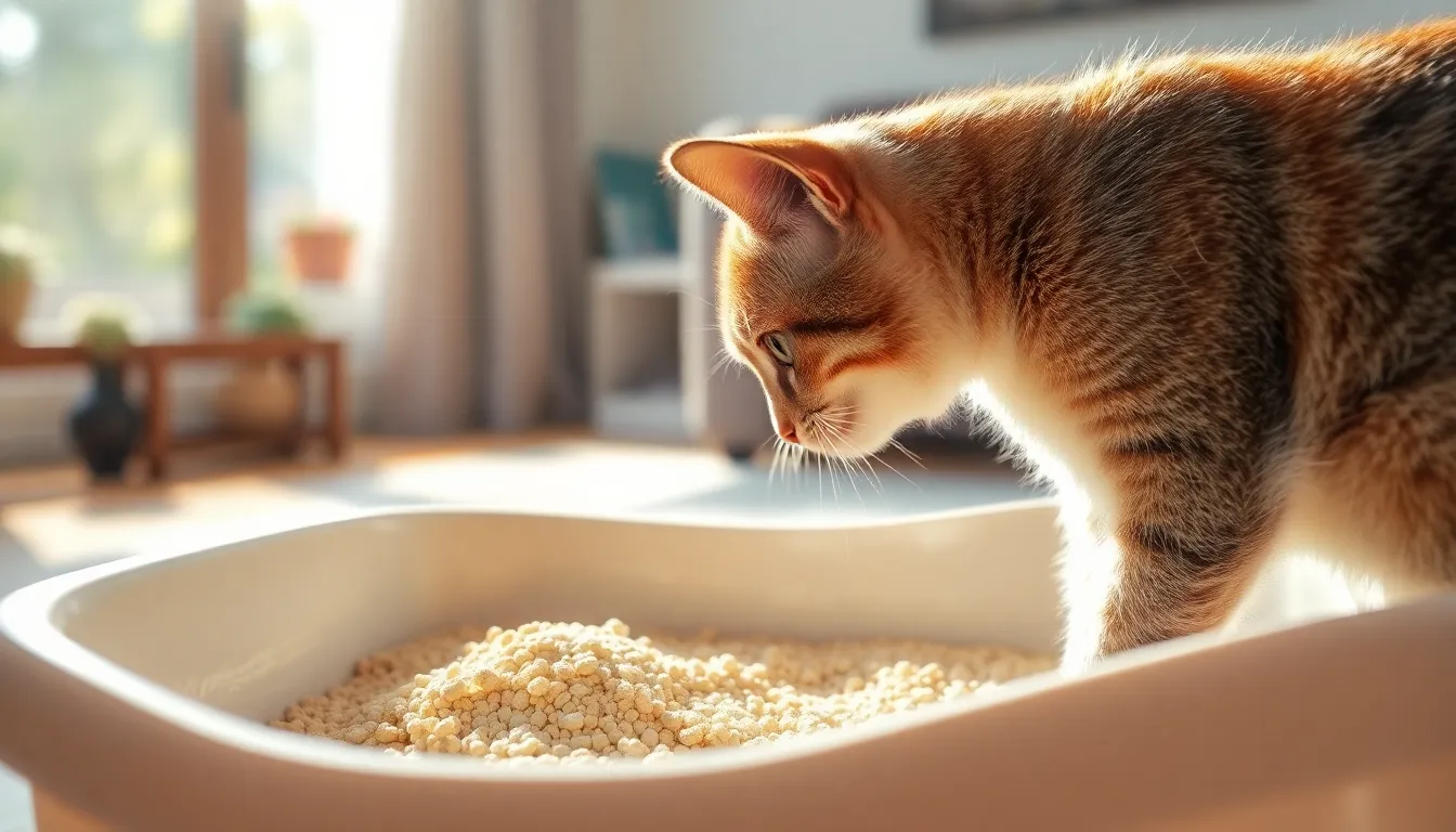 고양이 모래를 고르는 귀여운 고양이의 모습