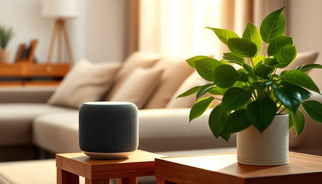 스마트 홈에서 AI 스피커와 함께 편안하게 쉬고 있는 반려동물