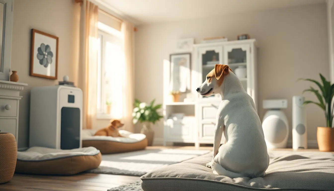 강아지 털 청소에 필요한 다양한 도구들이 놓여있고, 한 사람이 청소포로 바닥을 닦는 모습.