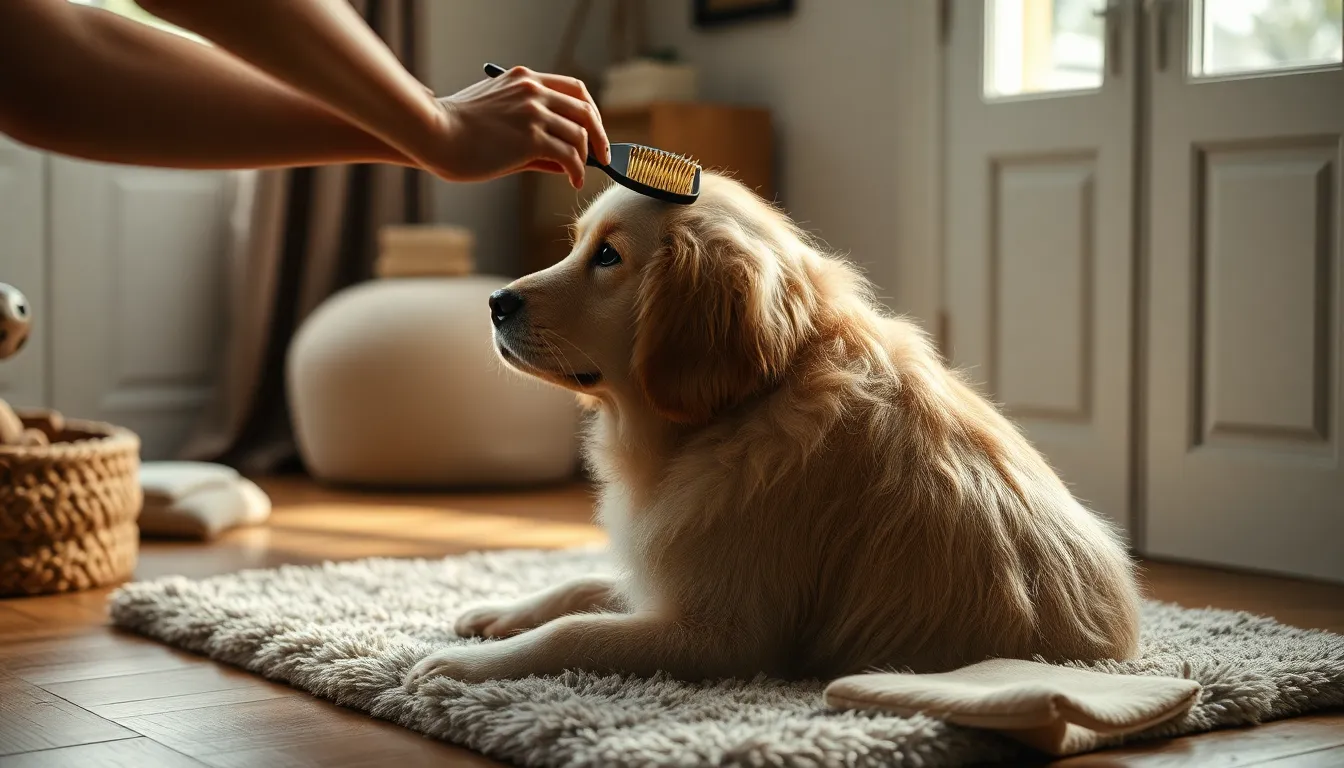 강아지 미용 도구를 사용해 털을 빗는 모습