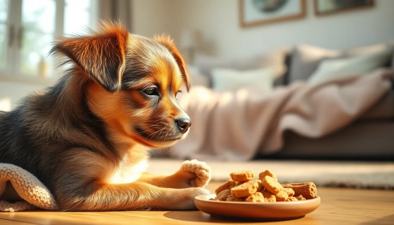 강아지 간식 고르는 보호자와 강아지
