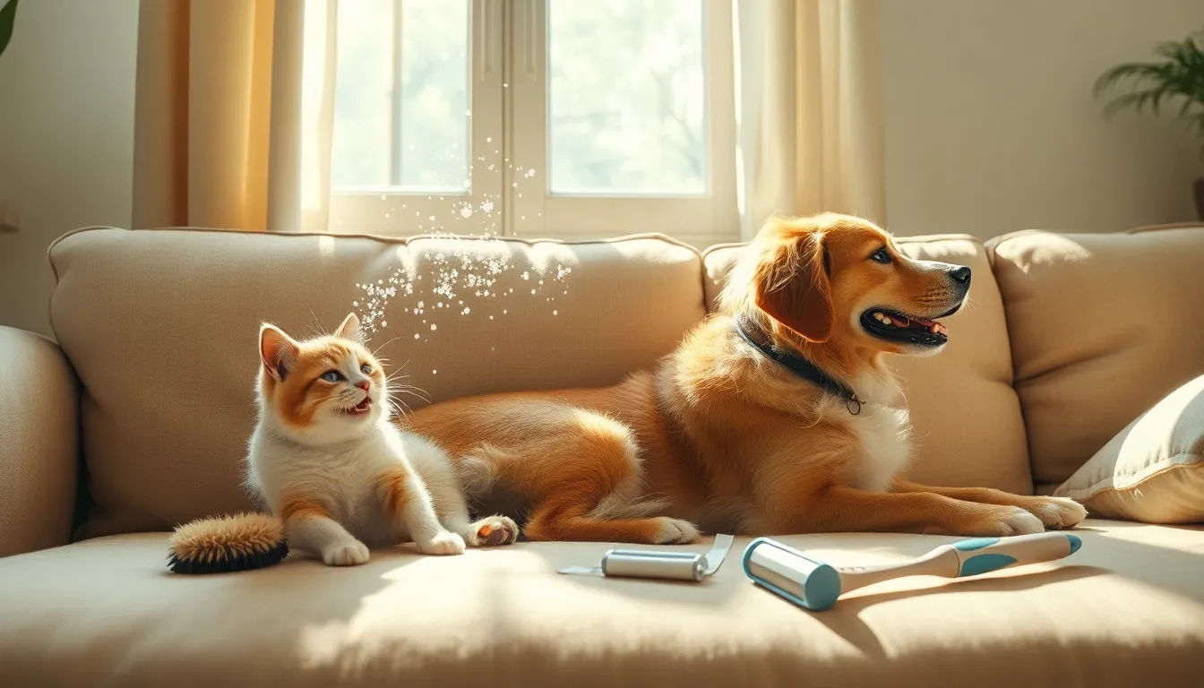 강아지 털 관리 용품과 청소 장면