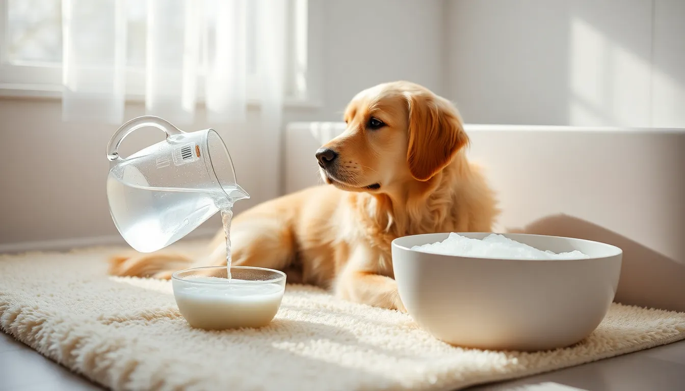 다양한 종류의 반려견 샴푸와 컨디셔너, 그리고 목욕 시 필요한 브러쉬 및 타월 등 미용 도구들이 가지런히 놓여있는 모습