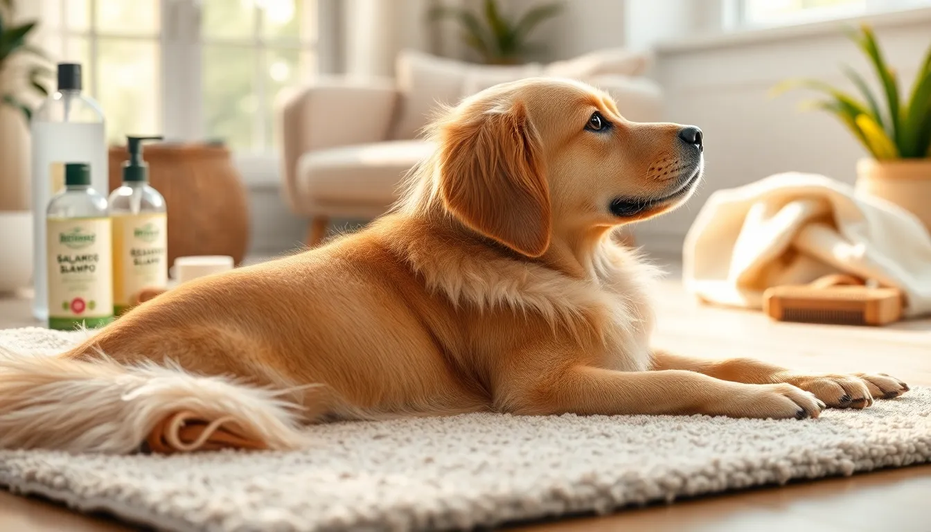 행복하게 빗질하는 강아지와 보호자