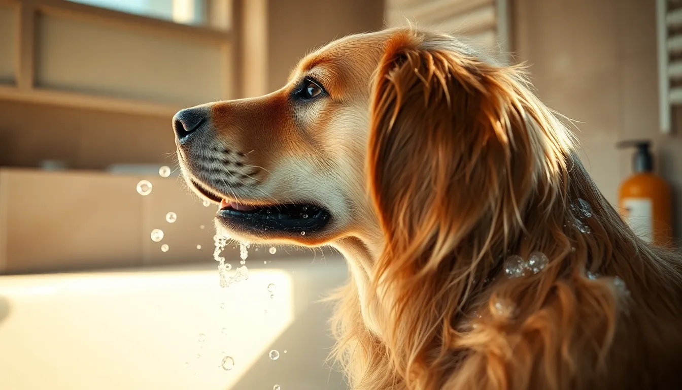 샴푸를 짜고 있는 손과 반려견의 모습